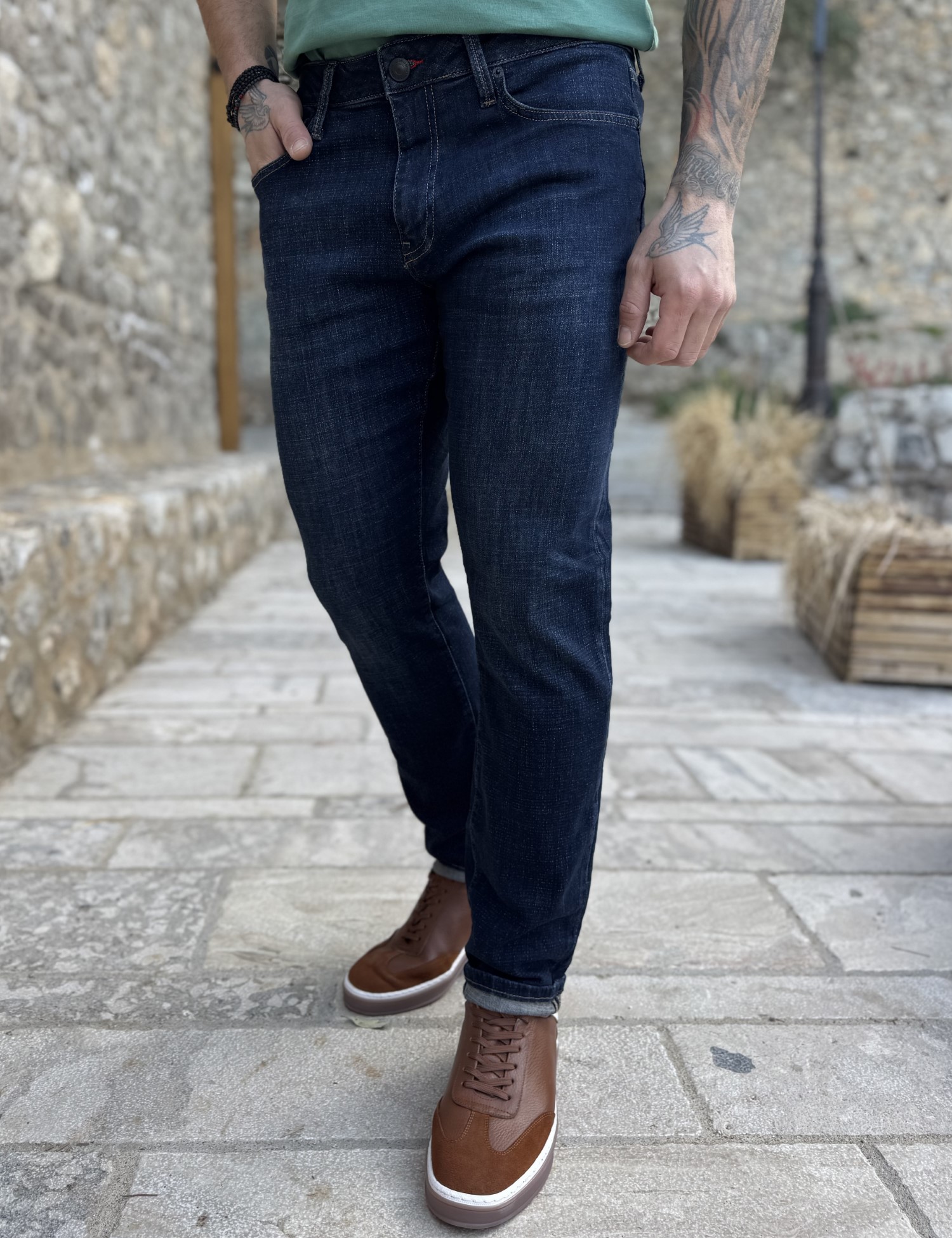 Ανδρικό σκούρο μπλε ξεβαμμένο τζιν ελαστικό GB5723 φωτογραφία